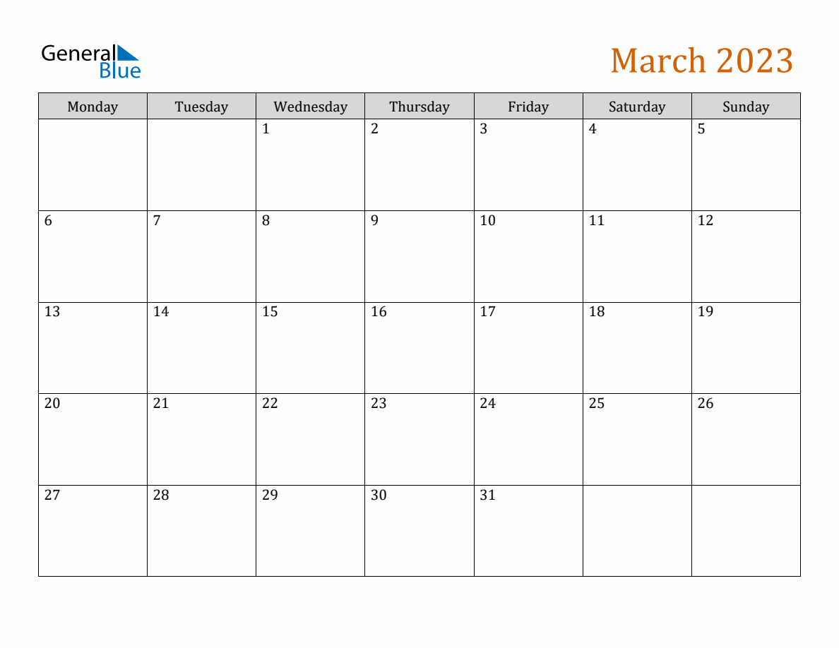 March 2023 Generic Monthly Calendar