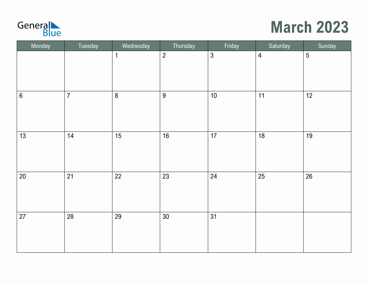 Blank March 2023 Monthly Calendar Template - Monday Start