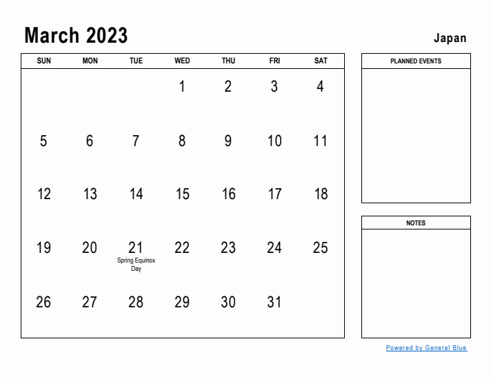 March 2023 Printable Monthly Calendar with Japan Holidays