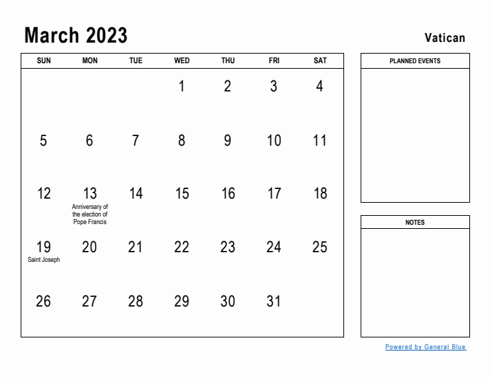 March 2023 Printable Monthly Calendar with Vatican Holidays