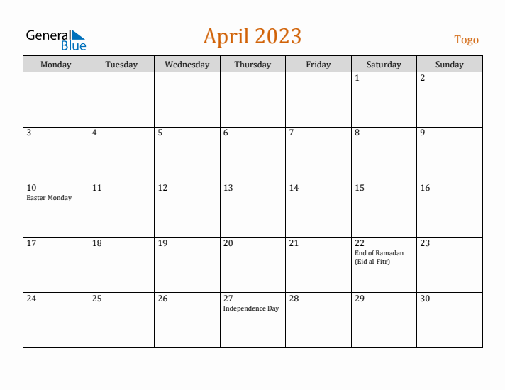 April 2023 Holiday Calendar with Monday Start