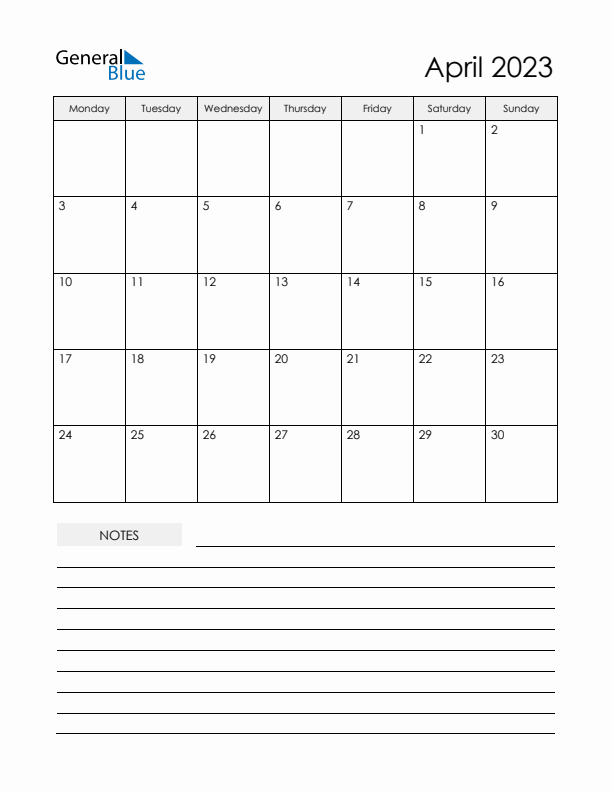 Printable Calendar with Notes - April 2023