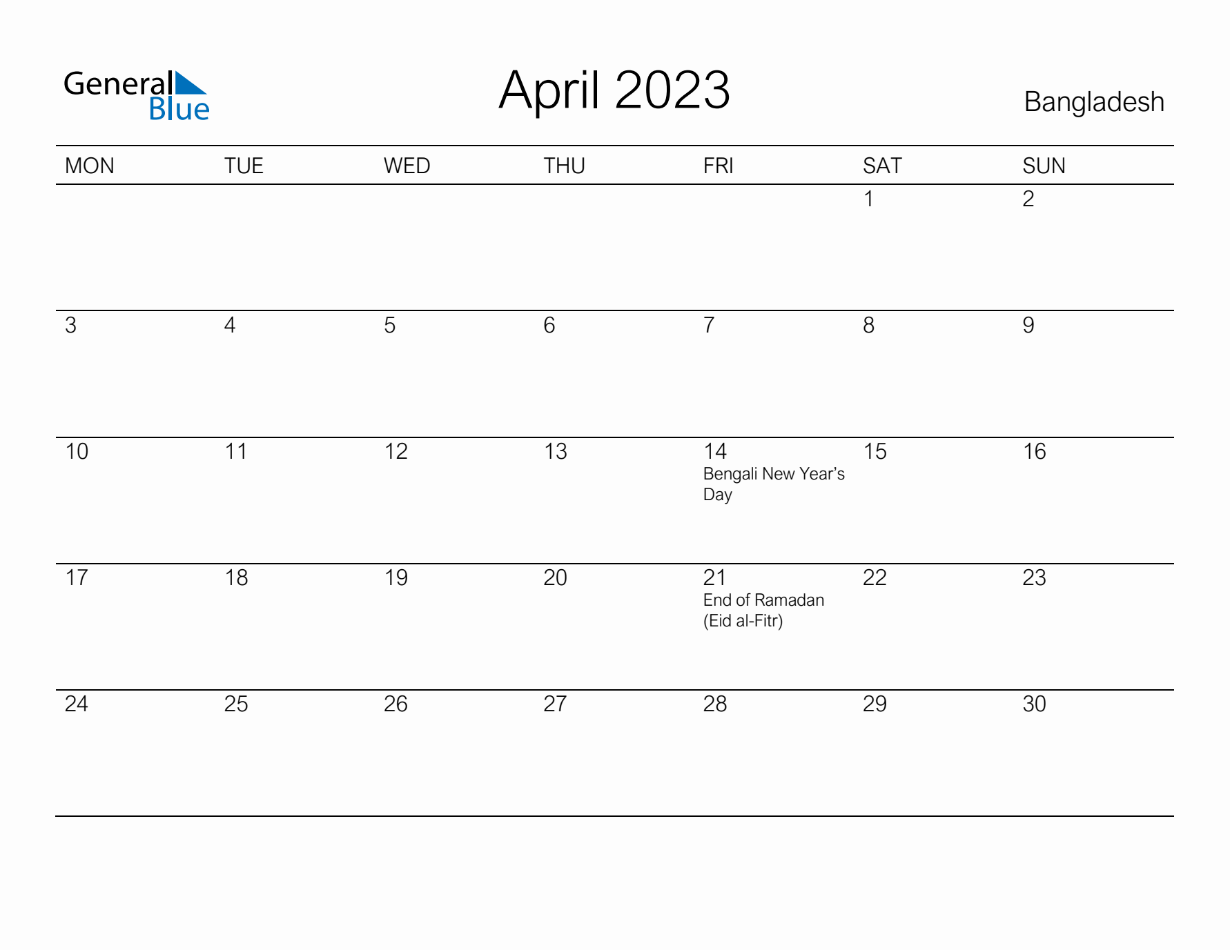 Printable April 2023 Calendar for Bangladesh