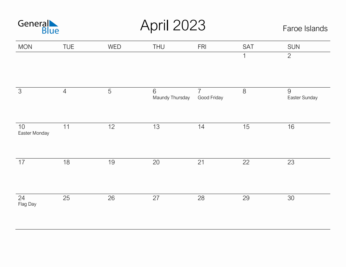 Printable April 2023 Monthly Calendar with Holidays for Faroe Islands ...