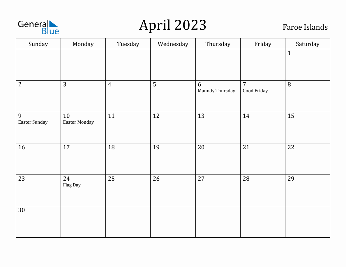 April 2023 Monthly Calendar with Faroe Islands Holidays