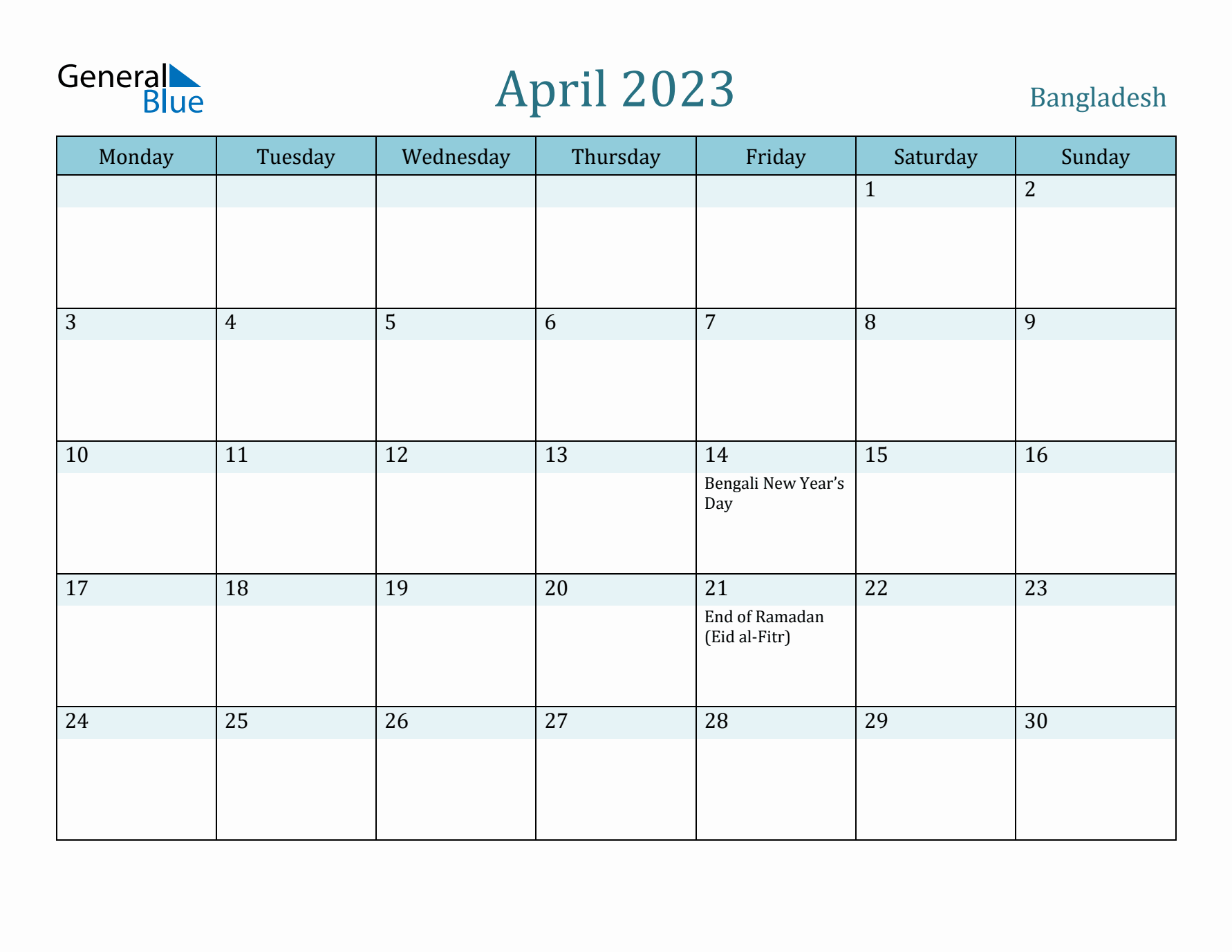April 2023 Calendar with Holidays