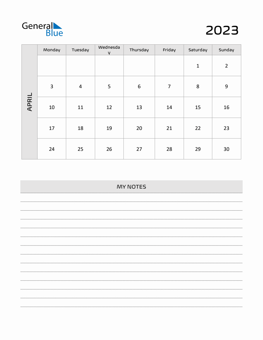 April 2023 Printable Monthly Calendar with Notes - Monday Start