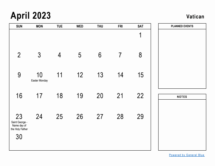 April 2023 Printable Monthly Calendar with Vatican Holidays