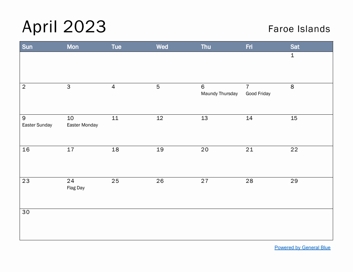 Free Monthly Calendar Template for April 2023 with Faroe Islands Holidays