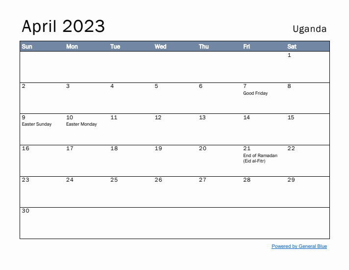 April 2023 Simple Monthly Calendar for Uganda