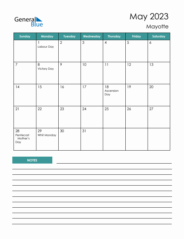 Calendar with Notes Printable - Sunday Start