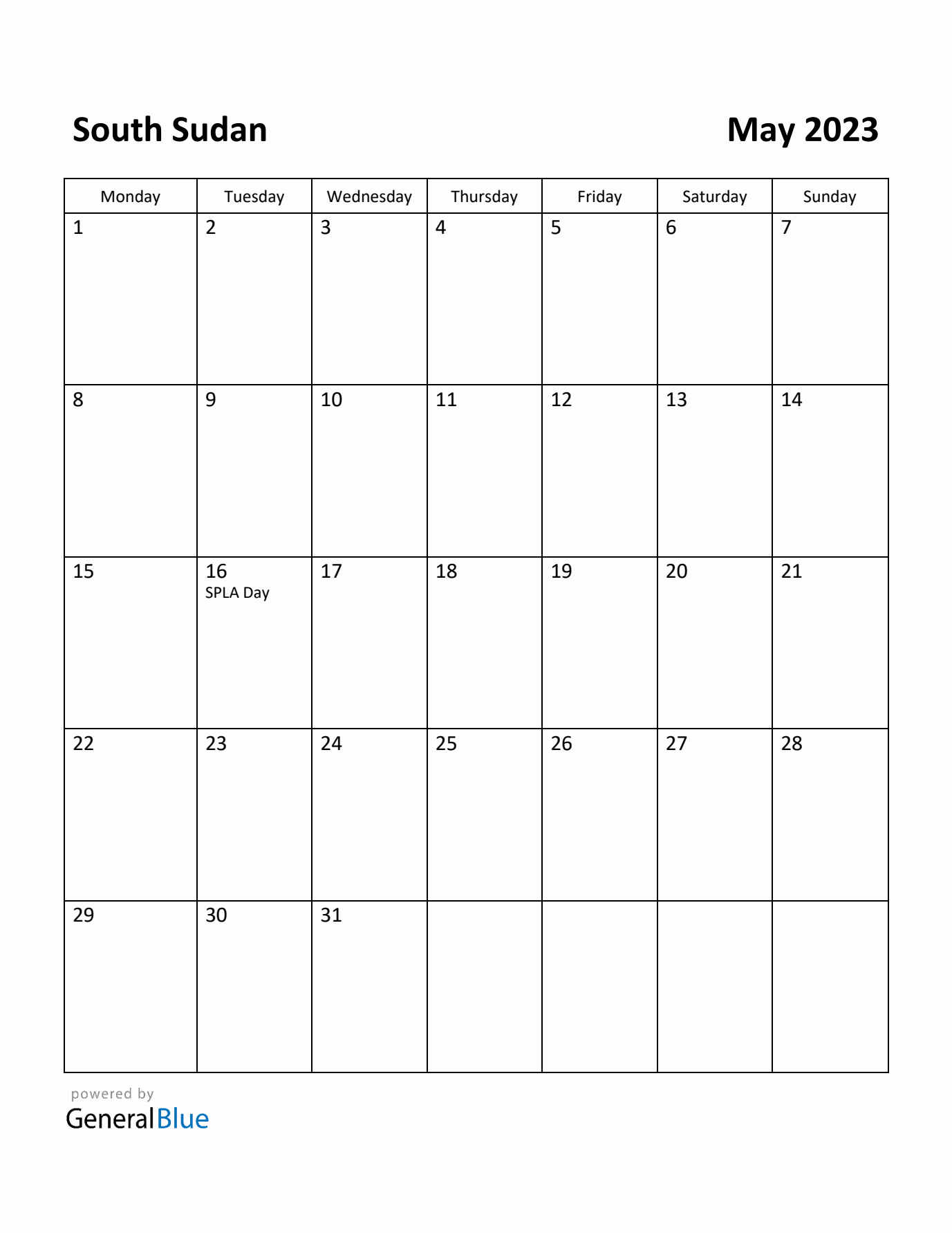 May 2023 Calendar with South Sudan Holidays
