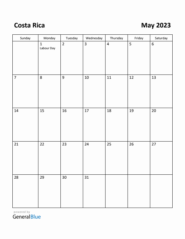 May 2023 Calendar with Costa Rica Holidays