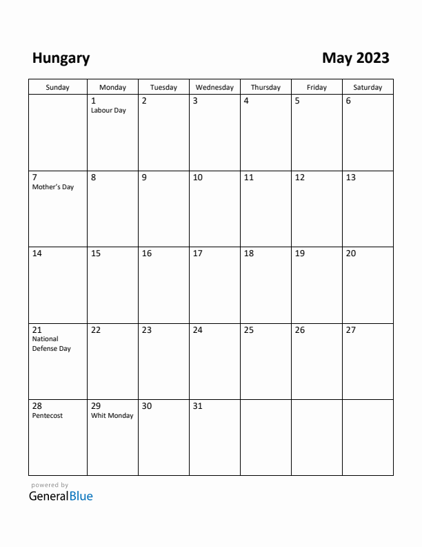 May 2023 Calendar with Hungary Holidays
