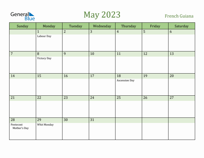 May 2023 Calendar with French Guiana Holidays