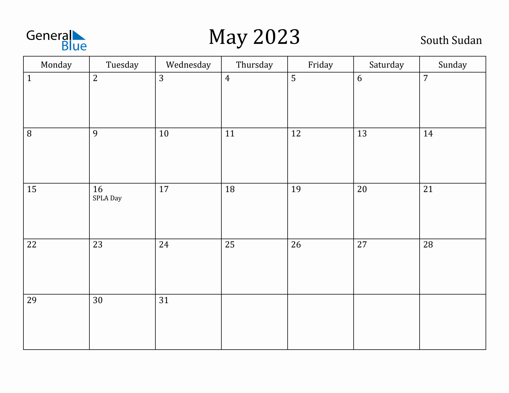May 2023 Calendar South Sudan
