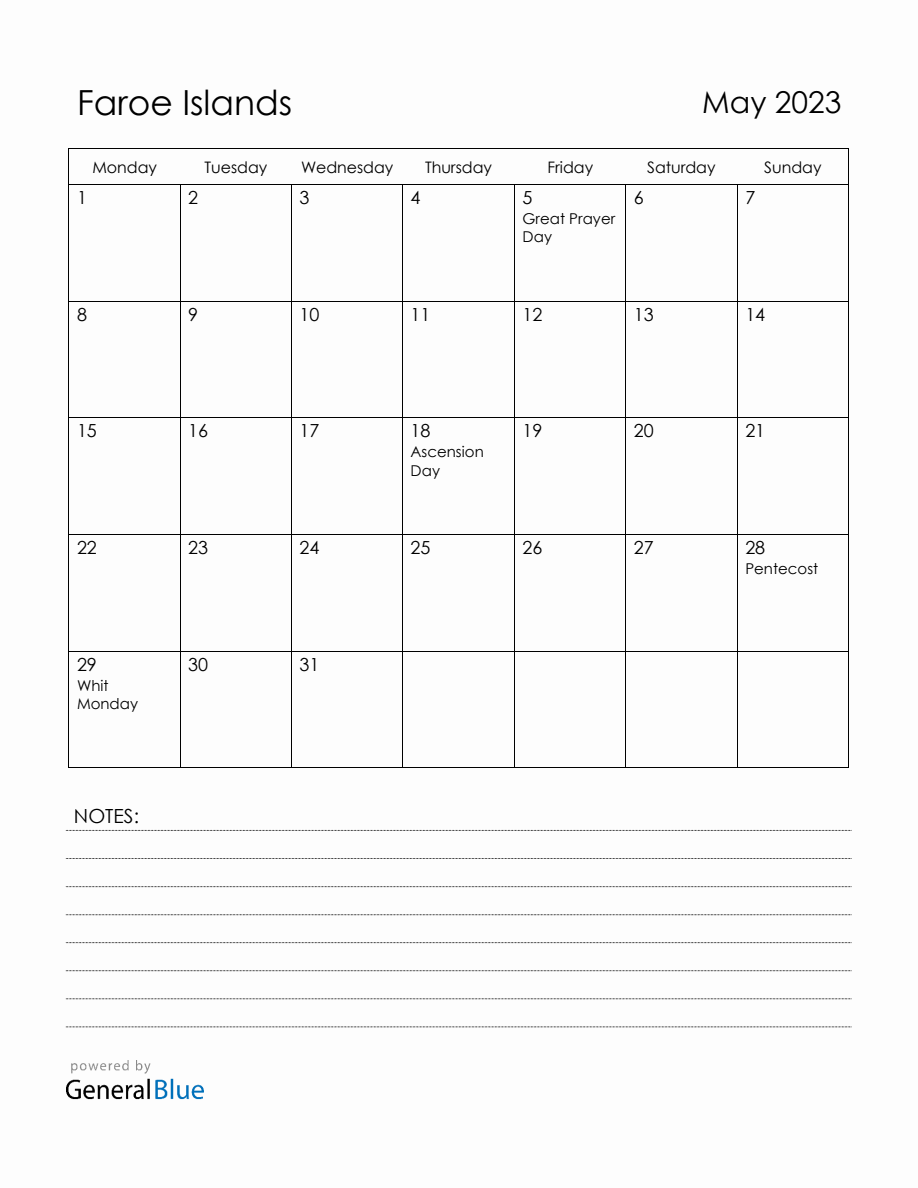 May 2023 Faroe Islands Calendar with Holidays (Monday Start)