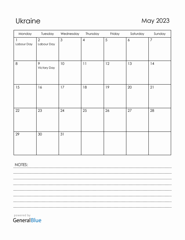 May 2023 Ukraine Calendar with Holidays (Monday Start)
