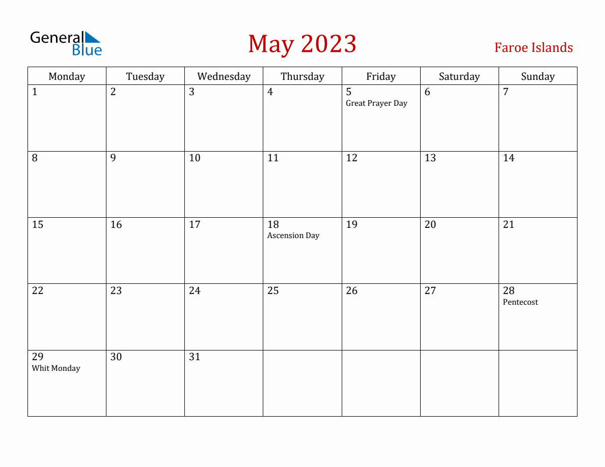 May 2023 Faroe Islands Monthly Calendar with Holidays (Monday Start)
