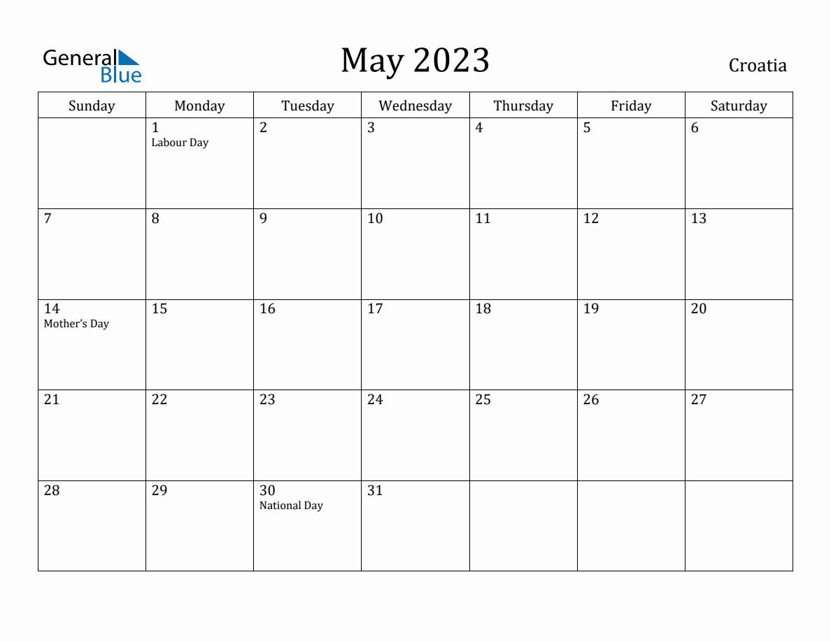 May 2023 Monthly Calendar with Croatia Holidays