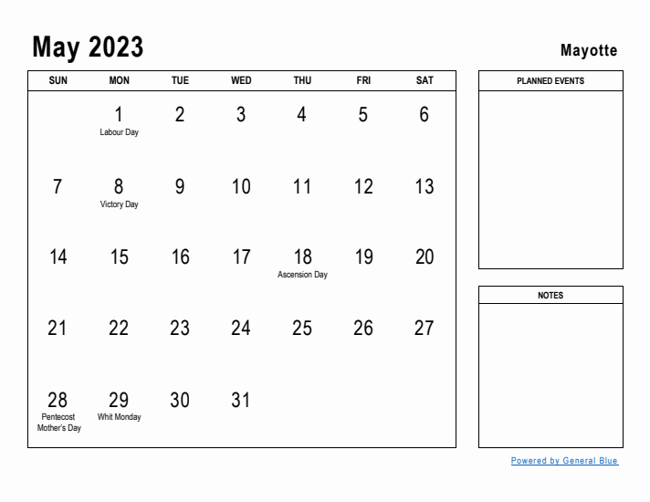 May 2023 Printable Monthly Calendar with Mayotte Holidays