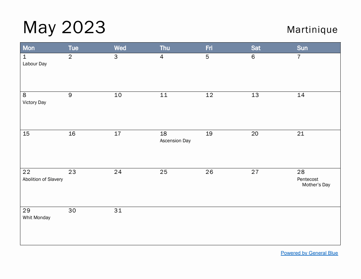Free Monthly Calendar Template for May 2023 with Martinique Holidays