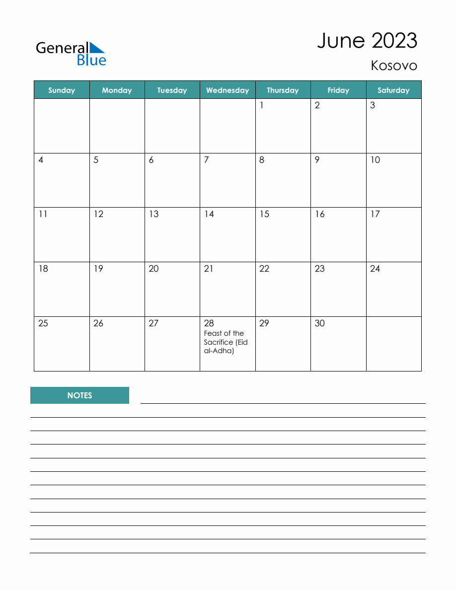 Monthly Planner with Kosovo Holidays - June 2023