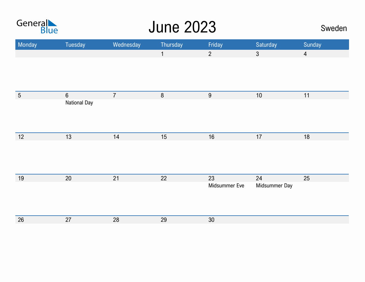 Editable June 2023 Calendar with Sweden Holidays