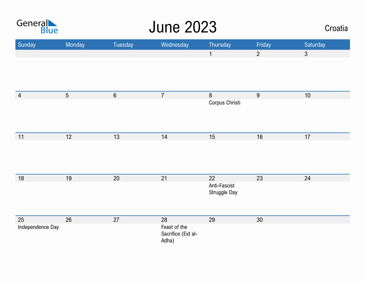 June 2023 Monthly Calendars with Croatia Holidays
