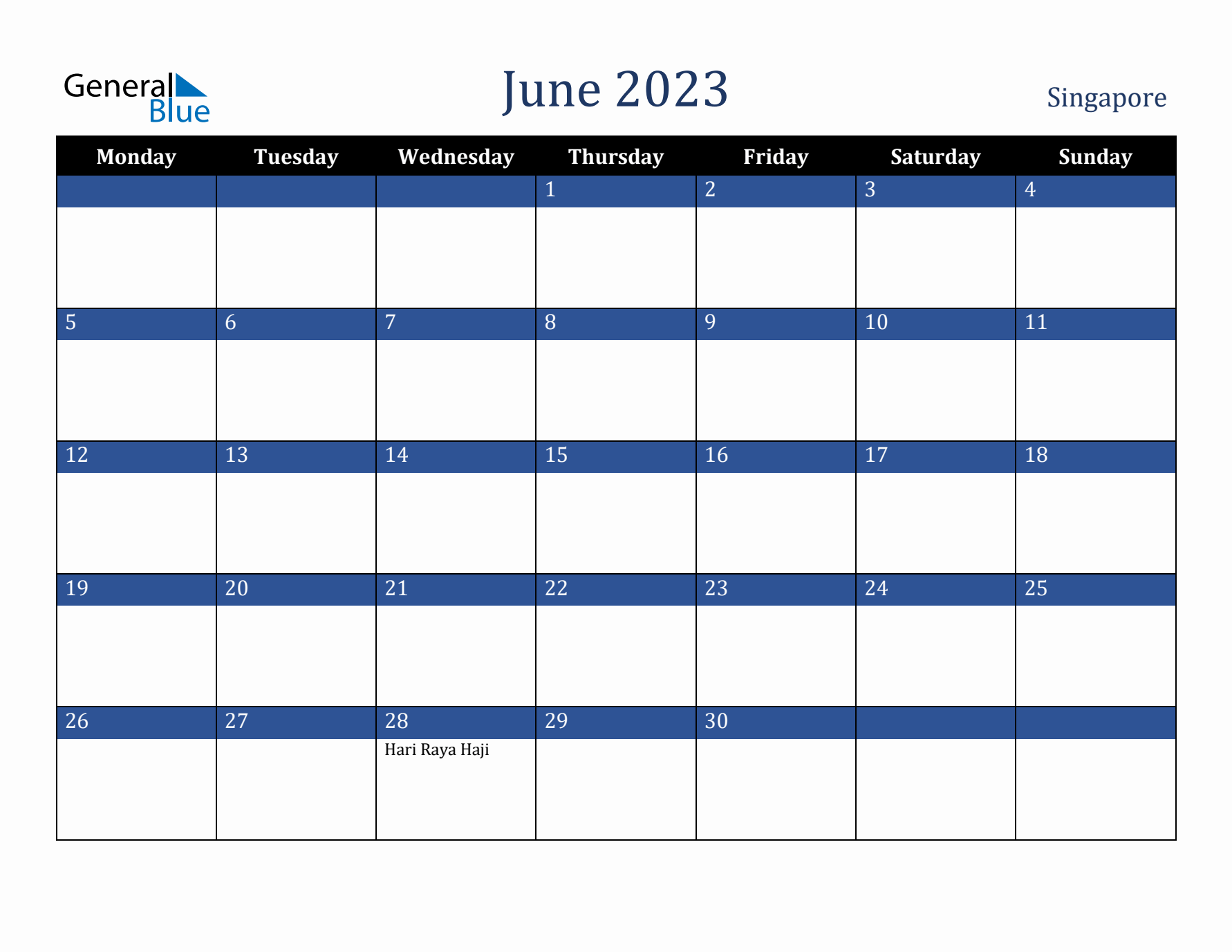 June 2023 Singapore Calendar (Monday Start)