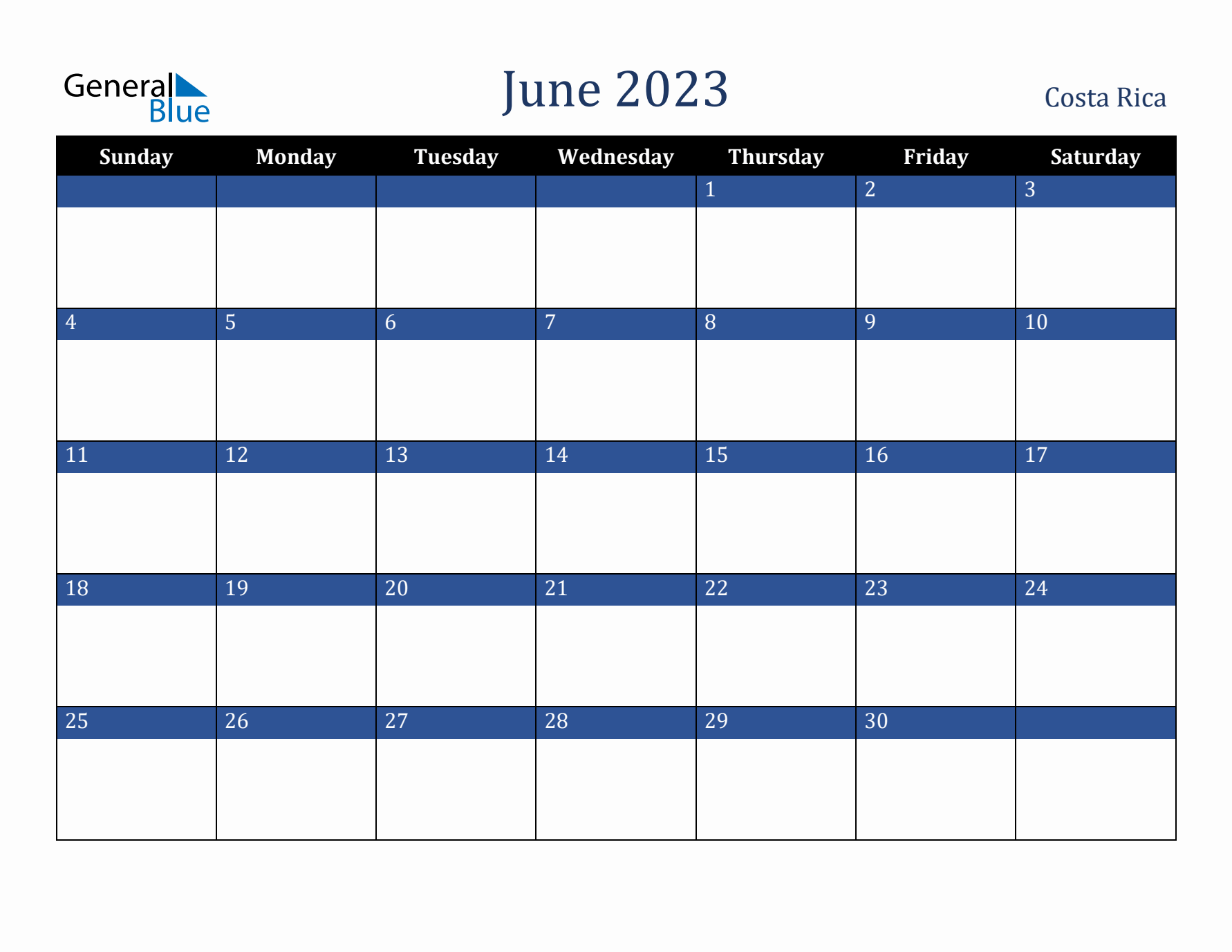 June 2023 Costa Rica Calendar (Sunday Start)