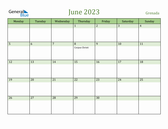 June 2023 Calendar with Grenada Holidays