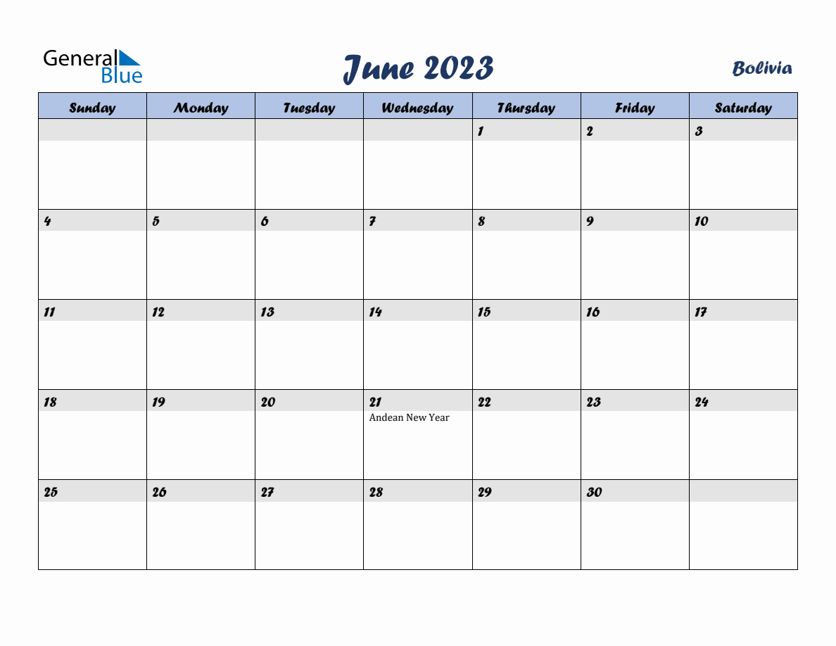 June 2023 Monthly Calendar Template with Holidays for Bolivia