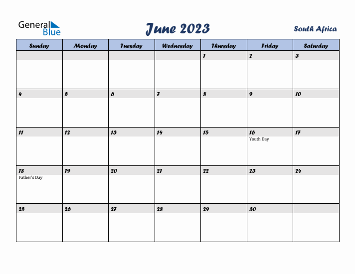 June 2023 Calendar with Holidays in South Africa