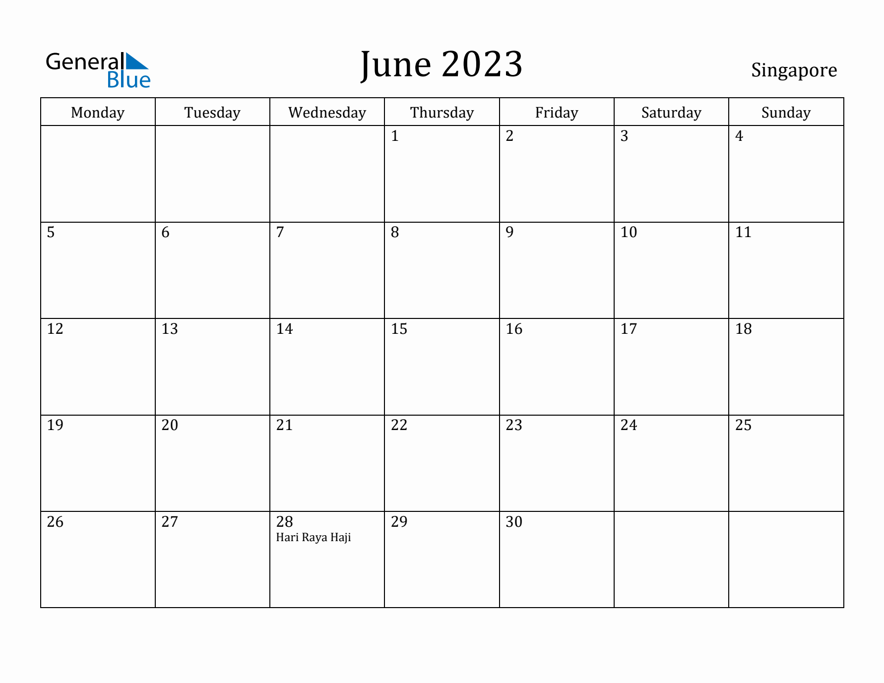 June 2023 Calendar Singapore