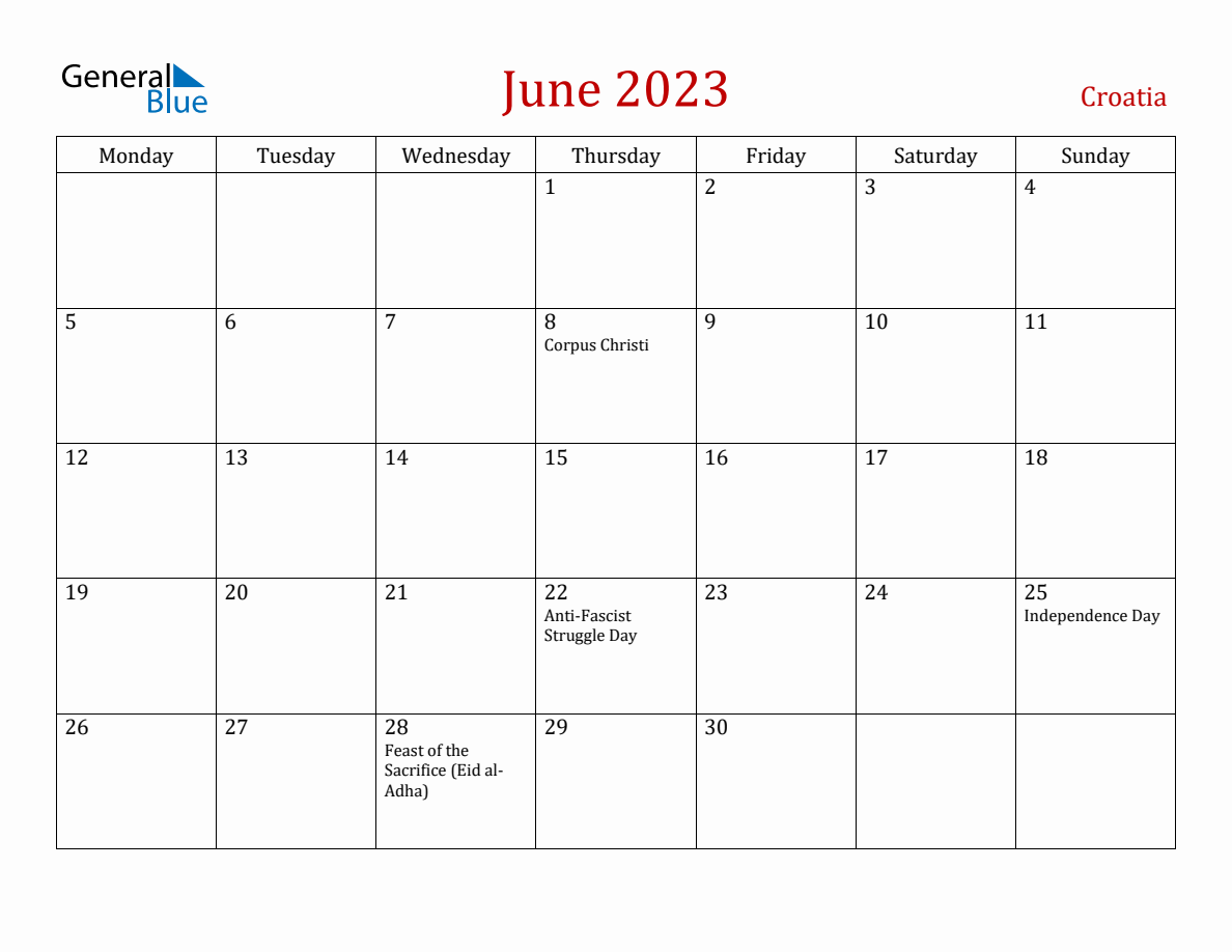 June 2023 Croatia Monthly Calendar with Holidays