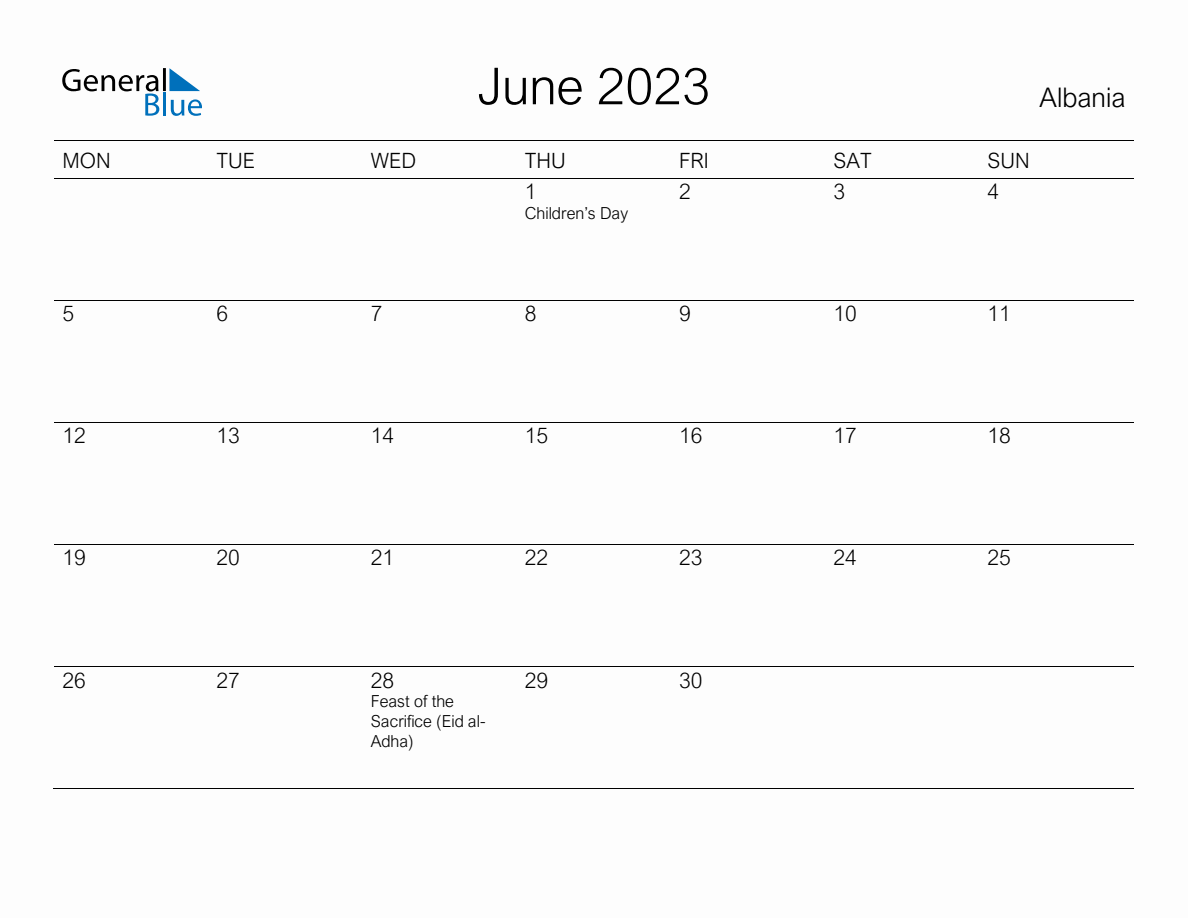 Printable June 2023 Monthly Calendar with Holidays for Albania (Monday ...