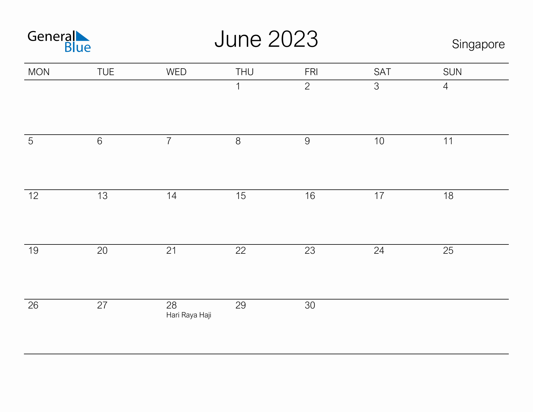 Printable June 2023 Calendar for Singapore