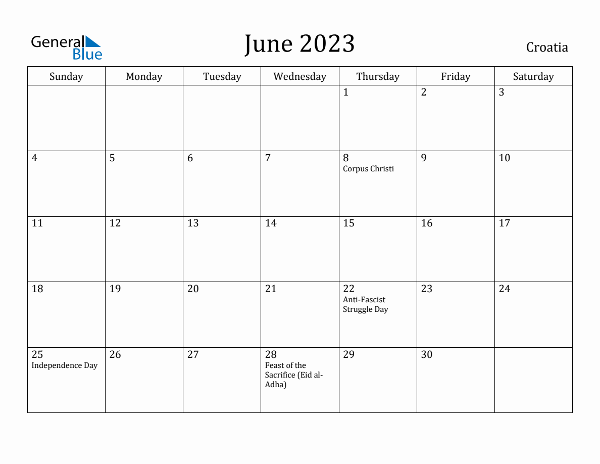 June 2023 Monthly Calendar with Croatia Holidays