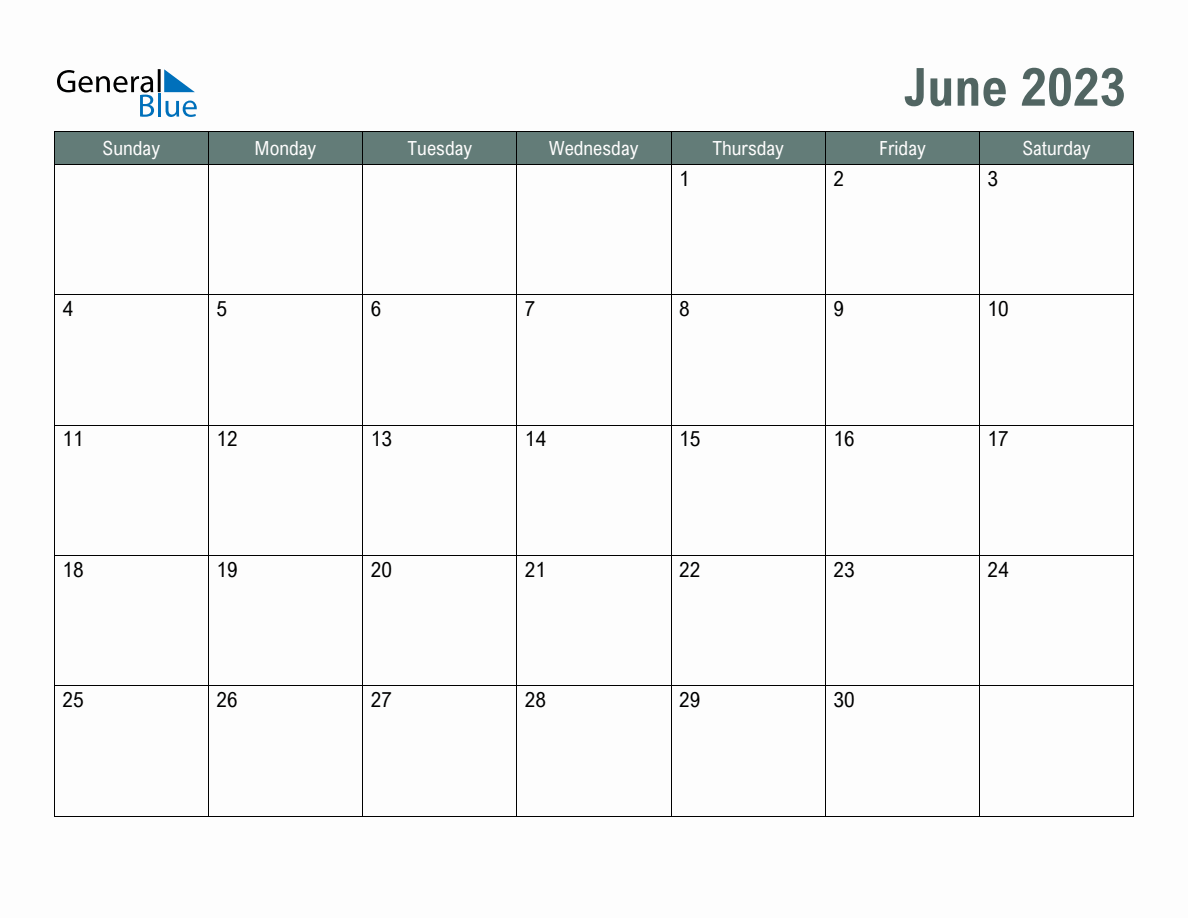 Blank June 2023 Monthly Calendar Template