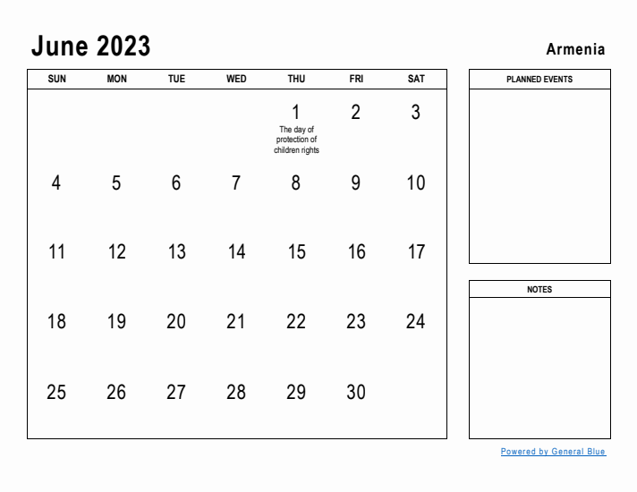 June 2023 Printable Monthly Calendar with Armenia Holidays