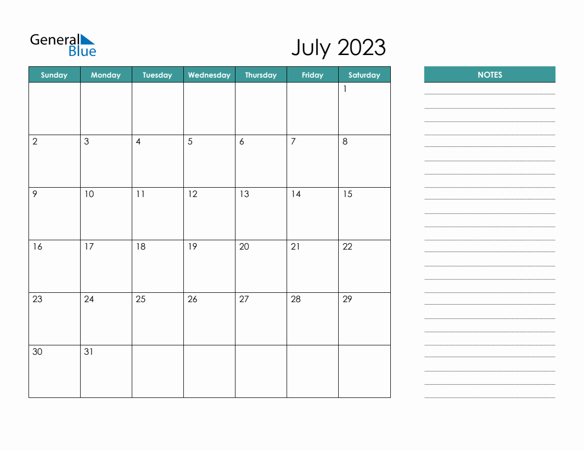 July 2023 Calendar Planner with Notes