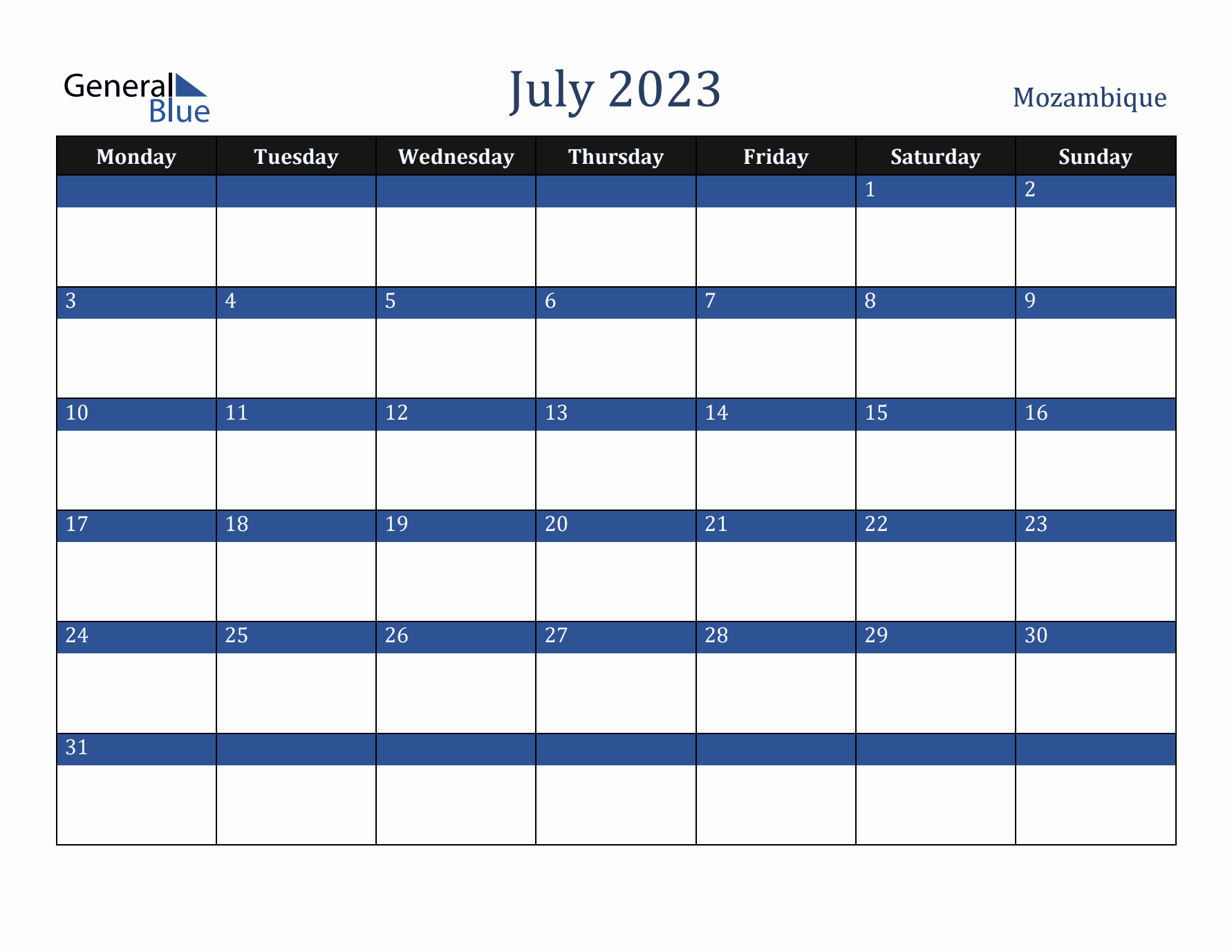 July 2023 Mozambique Calendar (Monday Start)