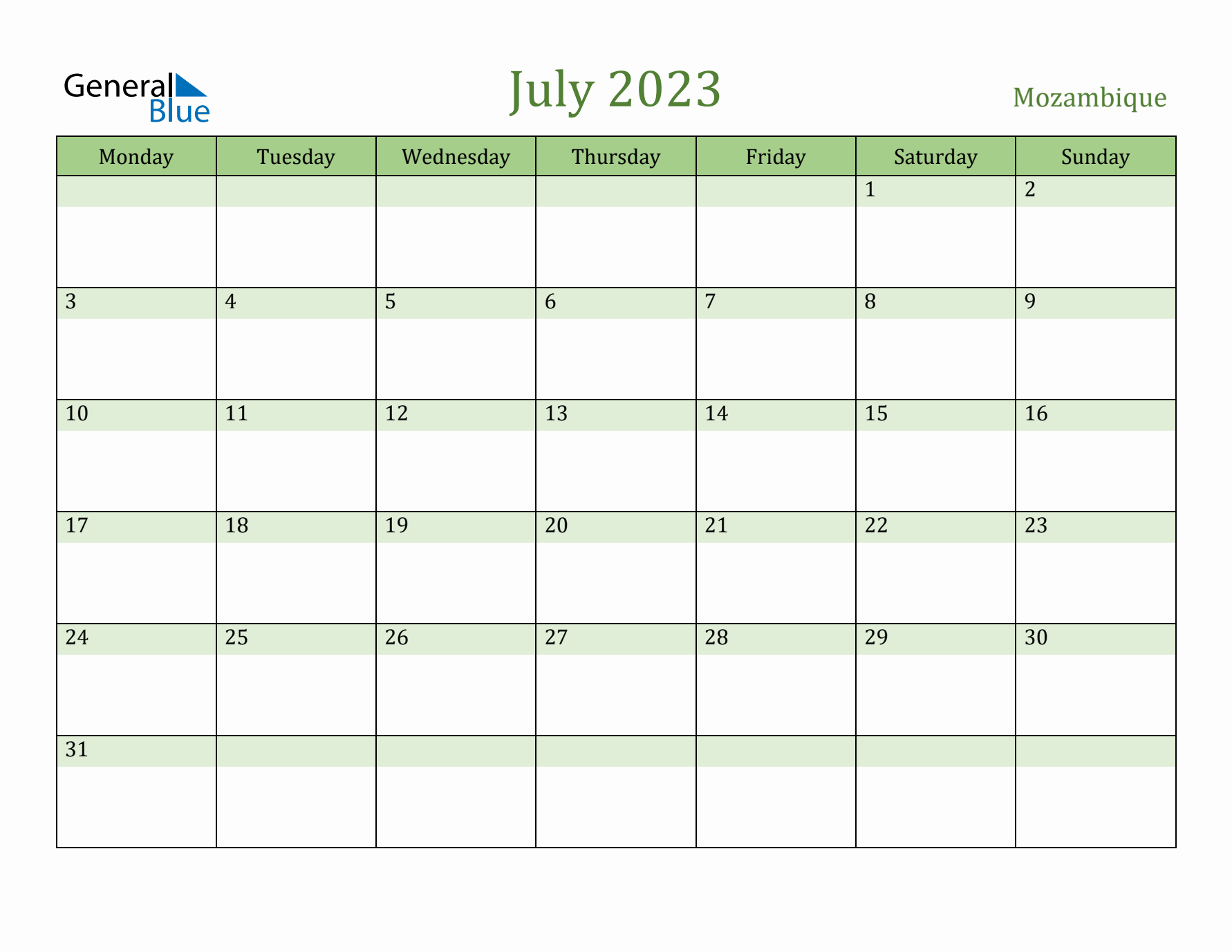 July 2023 Calendar with Mozambique Holidays