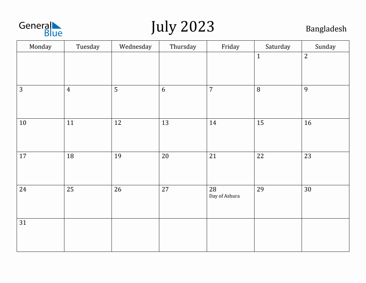 Bangladesh Monthly Calendar - July 2023 (Monday Start)