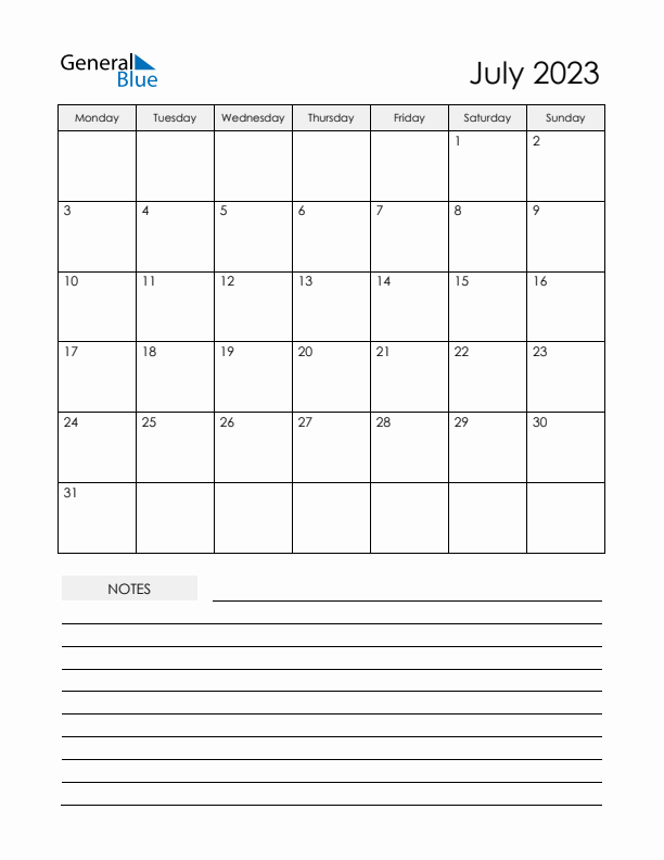 Printable Calendar with Notes - July 2023