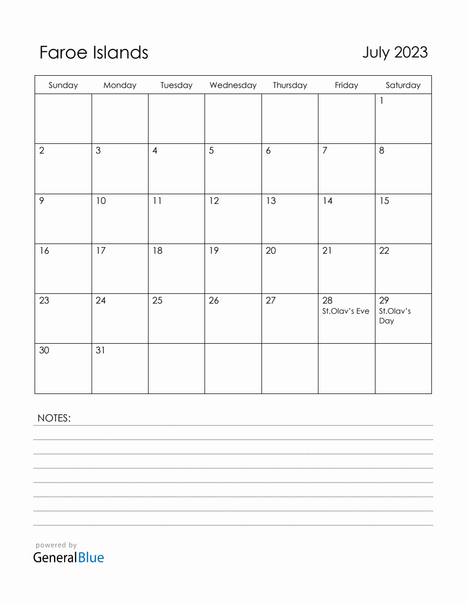 July 2023 Faroe Islands Calendar with Holidays