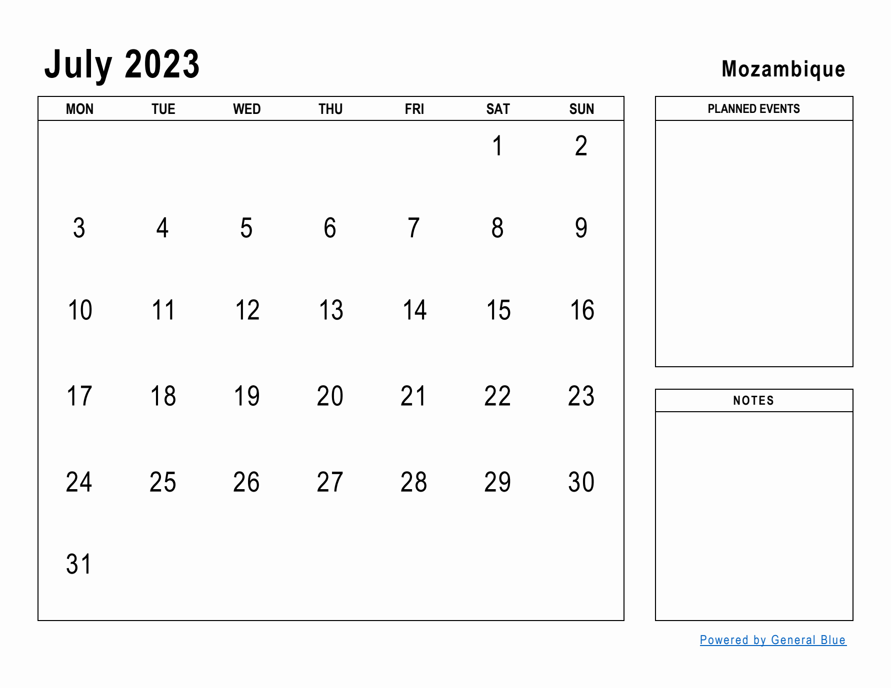 July 2023 Printable Monthly Calendar with Mozambique Holidays