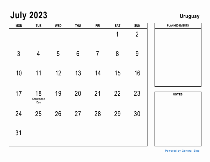 July 2023 Printable Monthly Calendar with Uruguay Holidays