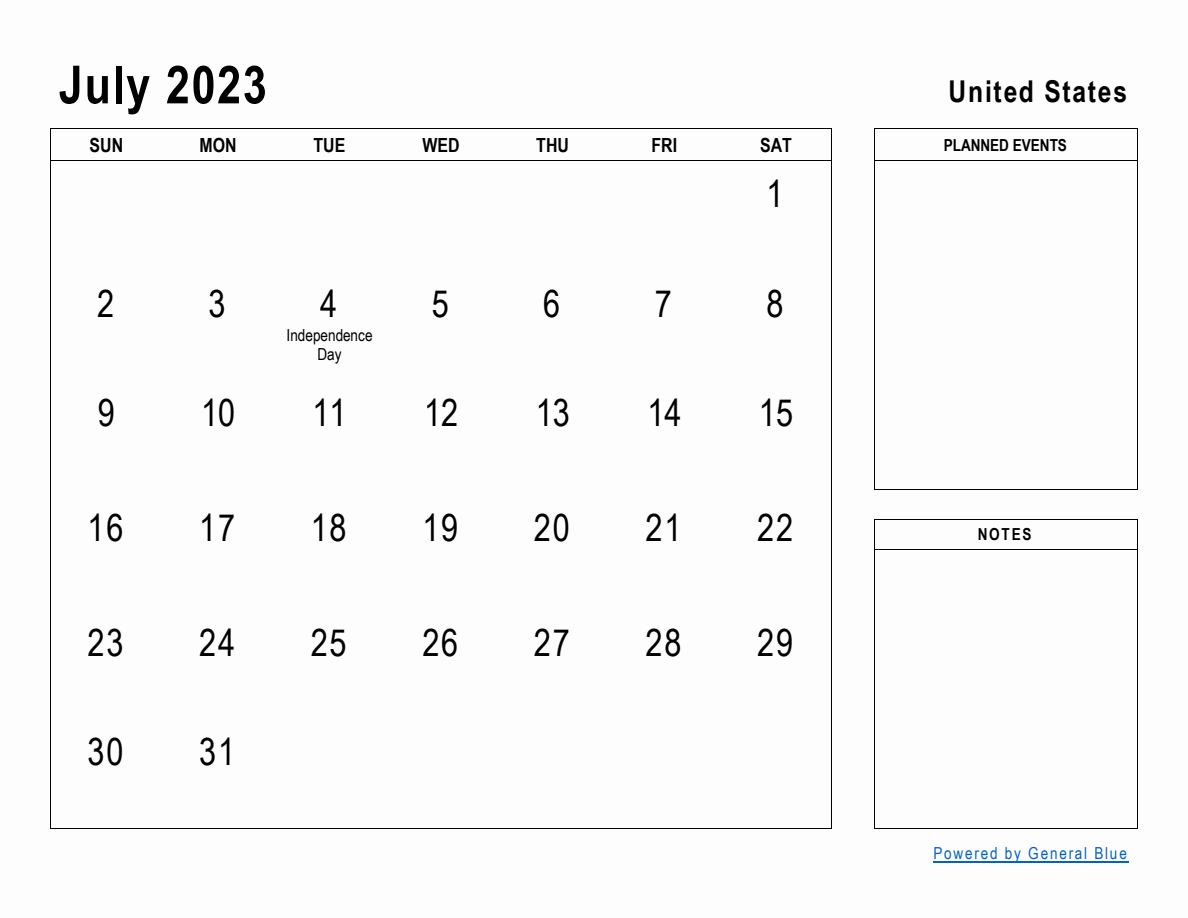 July 2023 Planner with United States Holidays